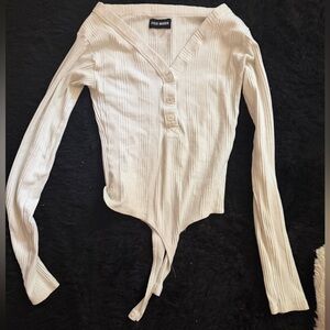 Steve Madden Cream Ribbed Button-Up Bodysuit